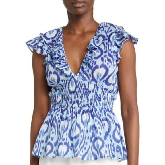 Banjanan Tops - NEW Banjanan Susie Ikat Print Ruffle Sleeve Peplum Blouse- Size XS